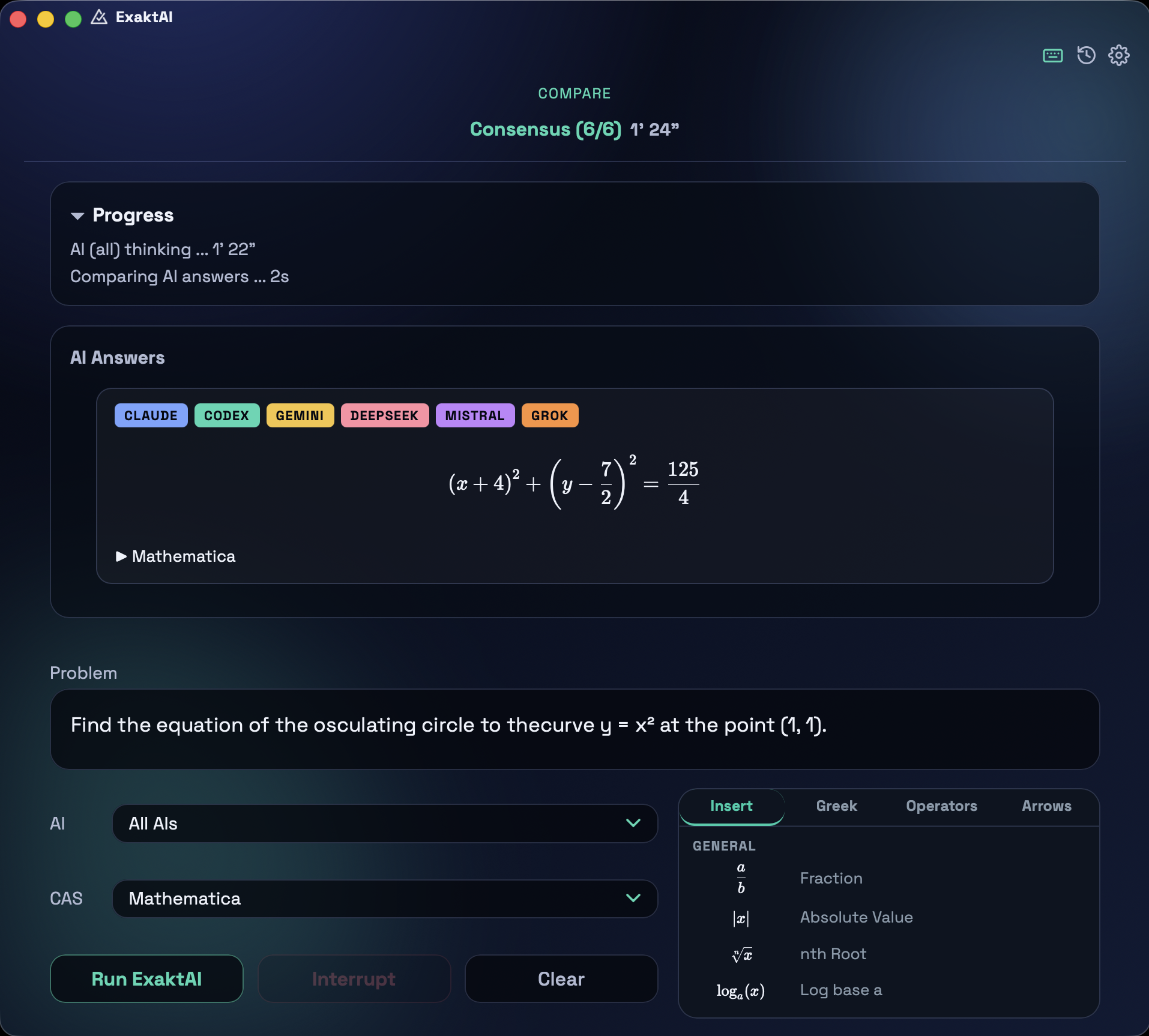 ExaktAI consensus mode: all six AIs (Claude, Codex, Gemini, DeepSeek, Mistral, Grok) independently produce the same answer for the osculating circle problem - Consensus (6/6)