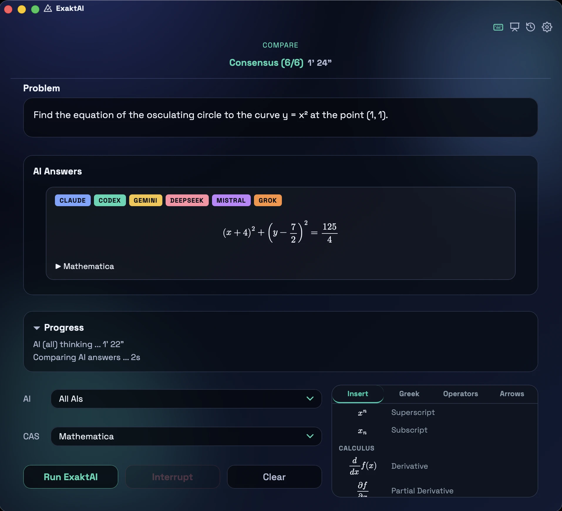 ExaktAI consensus mode: all six AIs (Claude, Codex, Gemini, DeepSeek, Mistral, Grok) independently produce the same answer for the osculating circle problem - Consensus (6/6)