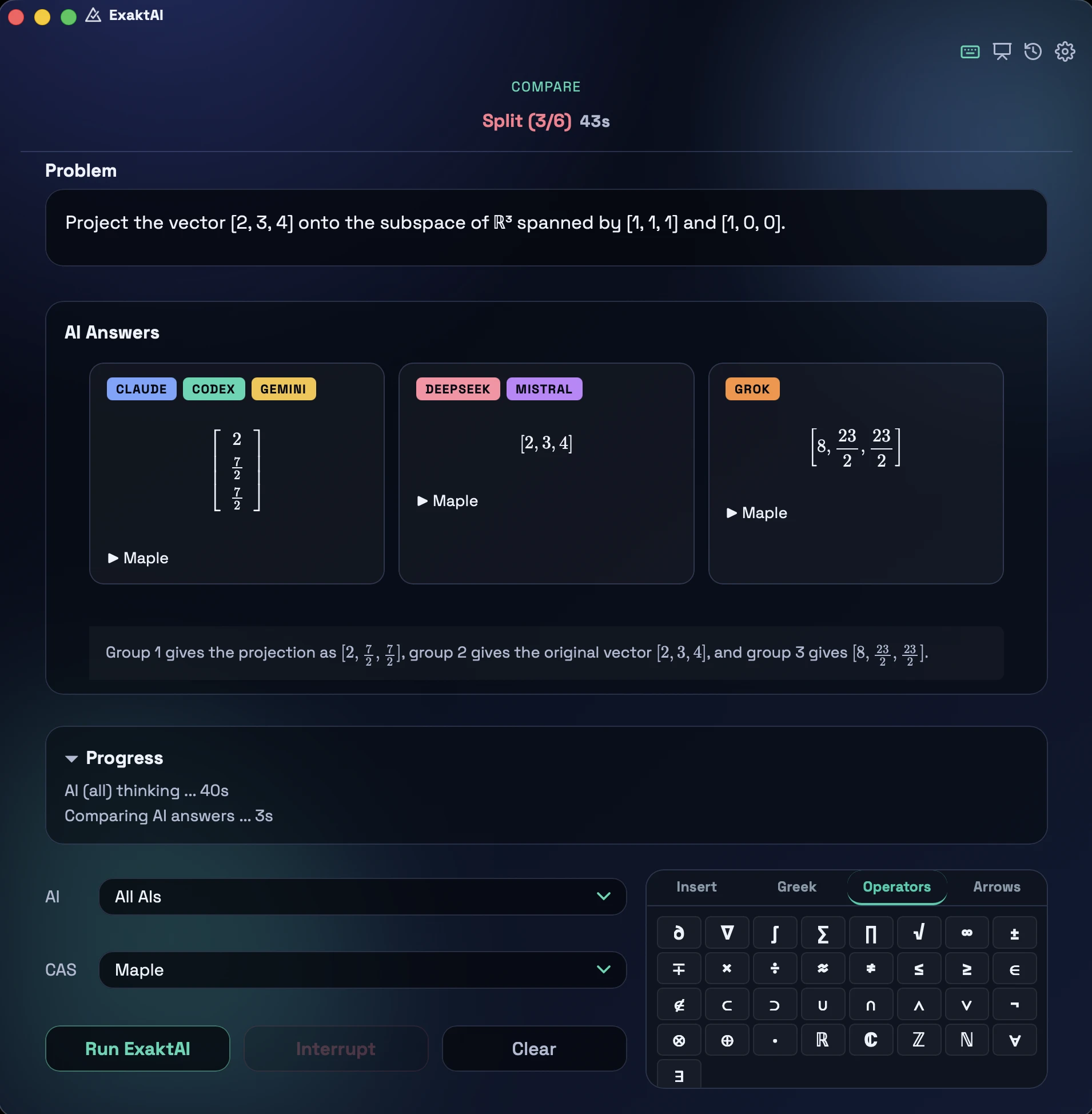 ExaktAI App comparing six AI engines on one problem and grouping their answers into mathematical-equivalence classes, showing a split