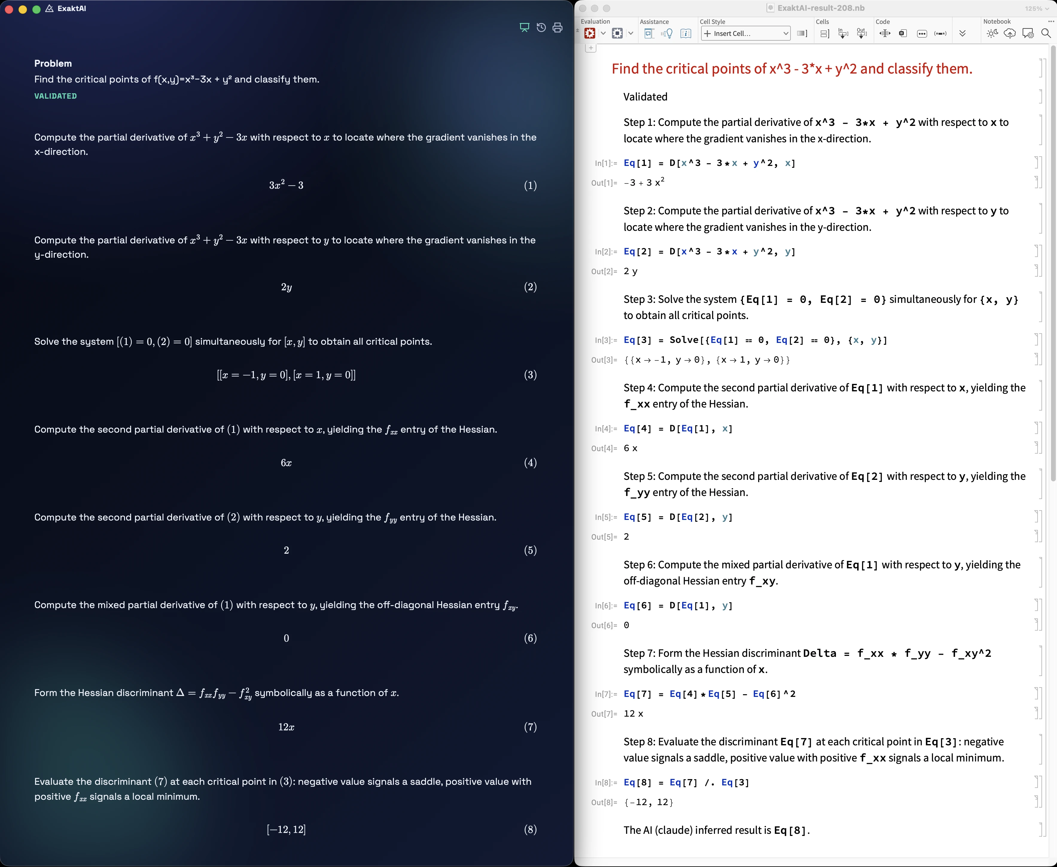 ExaktAI App in Presentation mode showing a problem validated in eight steps, with the generated Maple document open alongside