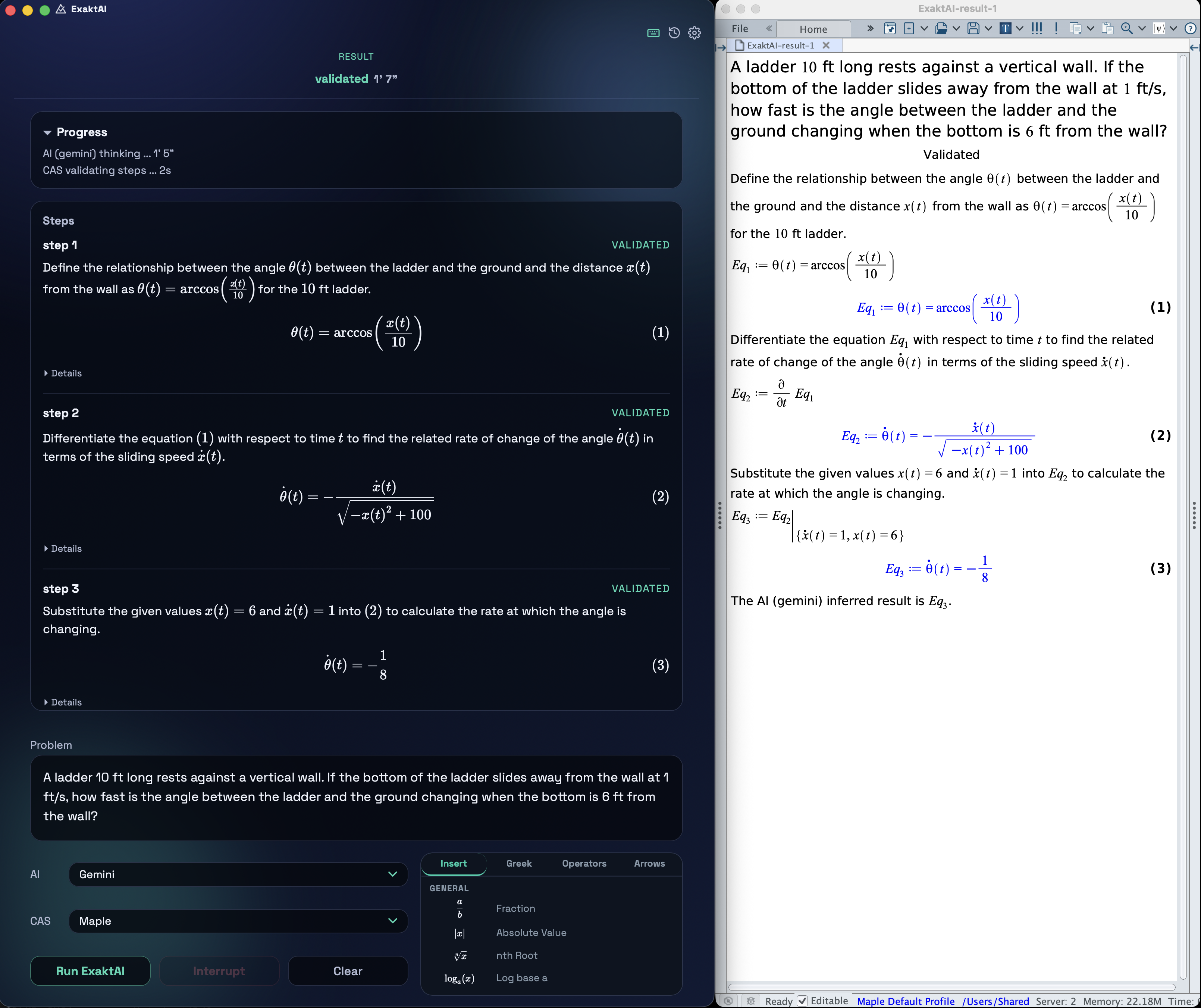 ExaktAI App: the ladder problem solved by Gemini with a Maple document generated and opened automatically