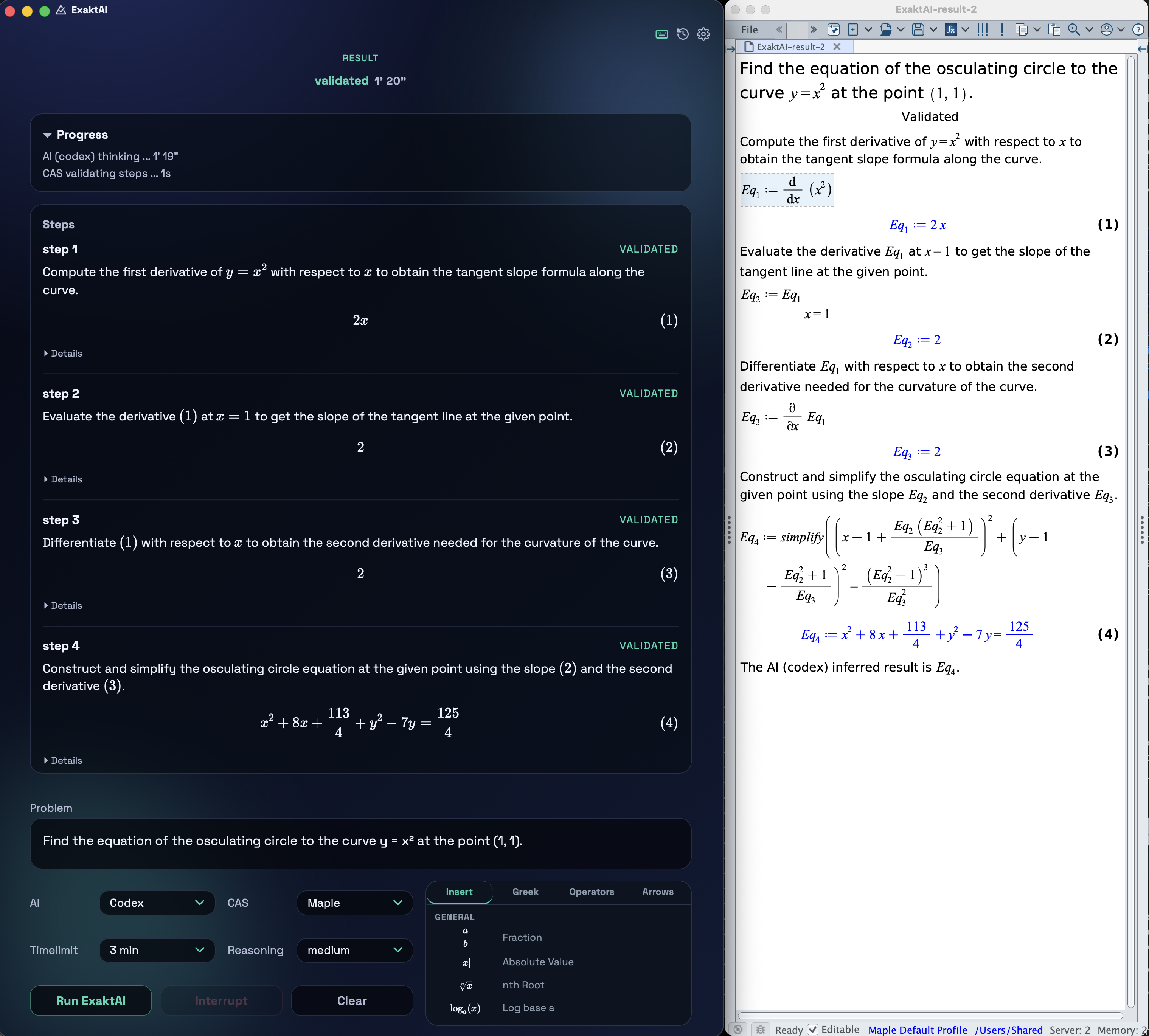 ExaktAI App showing the osculating circle problem solved and validated in 4 steps by Codex with the Maple document open alongside