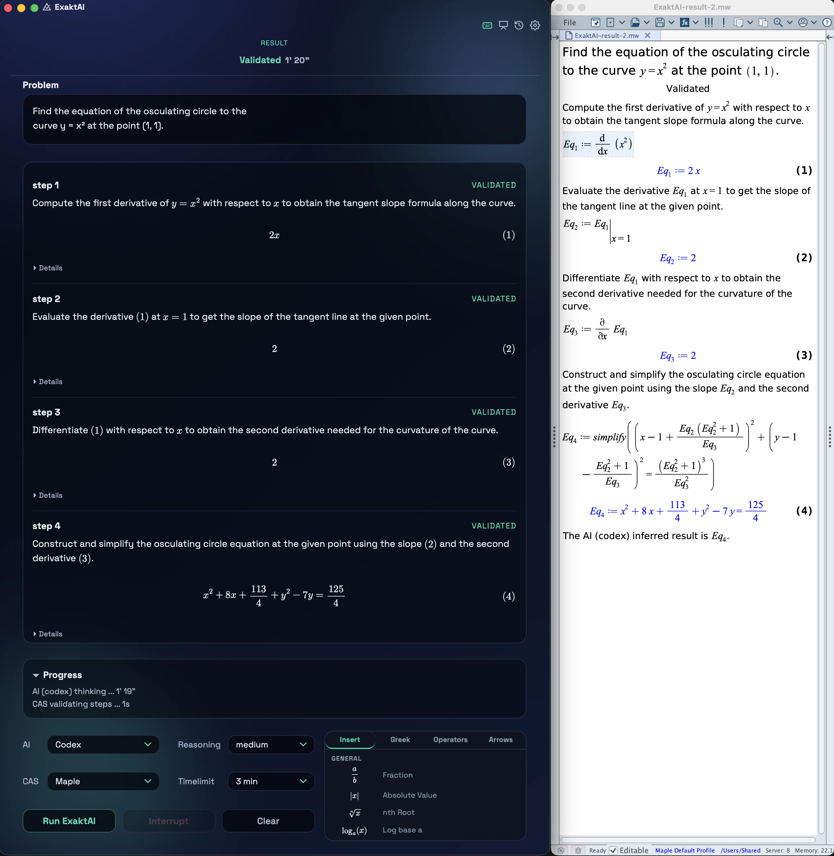 ExaktAI App showing the osculating circle problem solved and validated in 4 steps by Codex with the Maple document open alongside