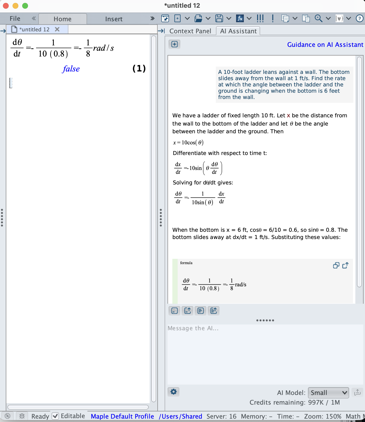 Maple AI Assistant showing a complete derivation on the right; the Maple worksheet on the left evaluates the inserted result and returns false
