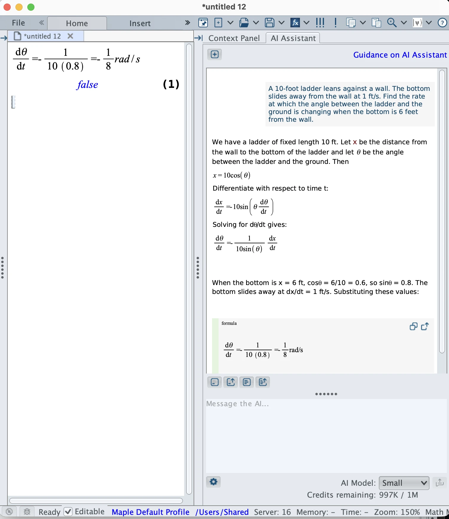Maple AI Assistant showing a complete derivation on the right; the Maple worksheet on the left evaluates the inserted result and returns false