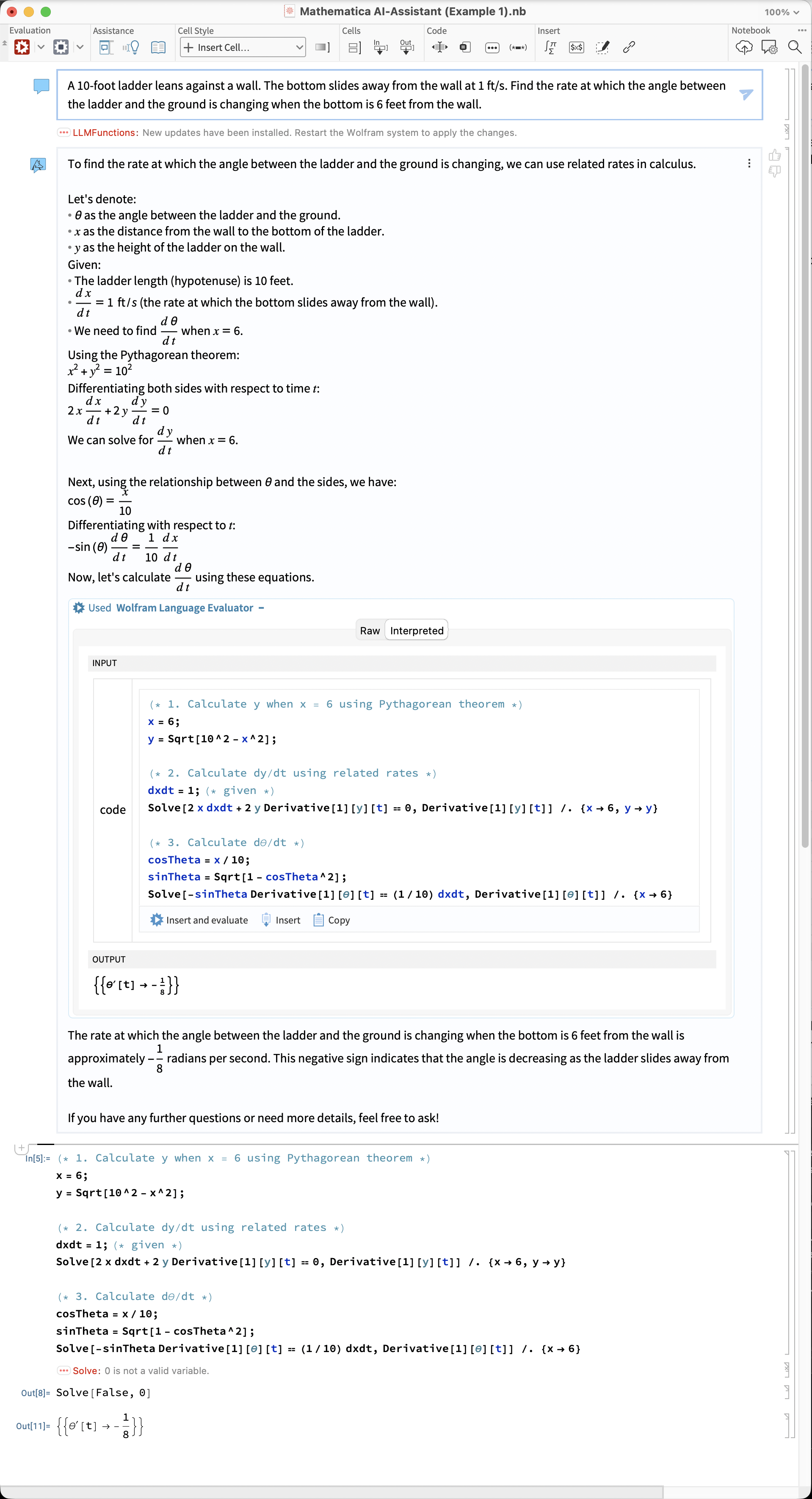 Mathematica AI-Assistant (Example 1).nb: top half shows AI narrative with evaluator (Interpreted tab) and output {{θ'[t] → -1/8}}; bottom half shows the inserted notebook cell, Solve::ivar warning, Solve[False, 0], and final output {{θ'[t] → -1/8}}