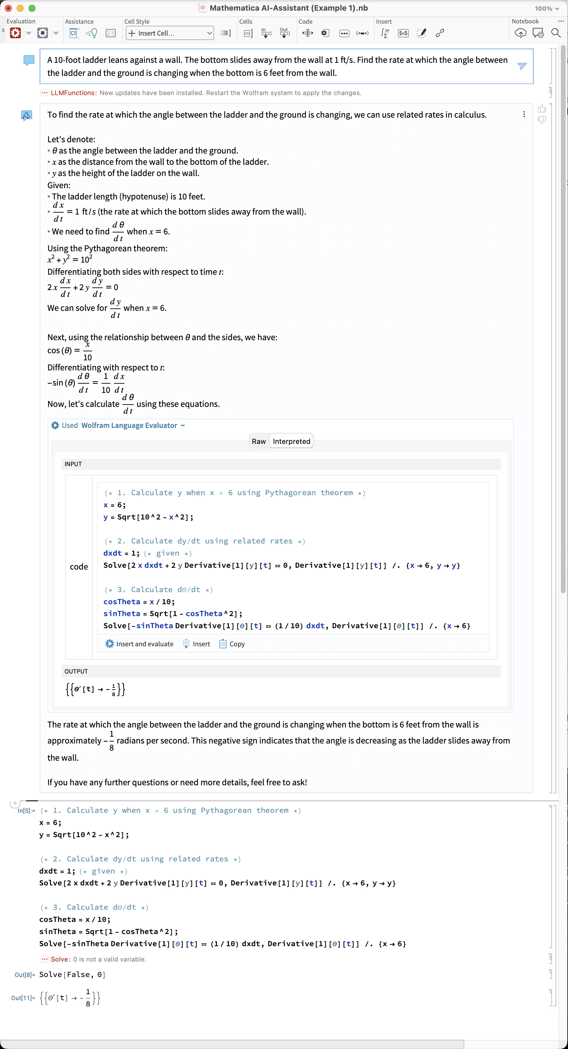 Mathematica AI-Assistant (Example 1).nb: top half shows AI narrative with evaluator (Interpreted tab) and output {{θ'[t] → -1/8}}; bottom half shows the inserted notebook cell, Solve::ivar warning, Solve[False, 0], and final output {{θ'[t] → -1/8}}