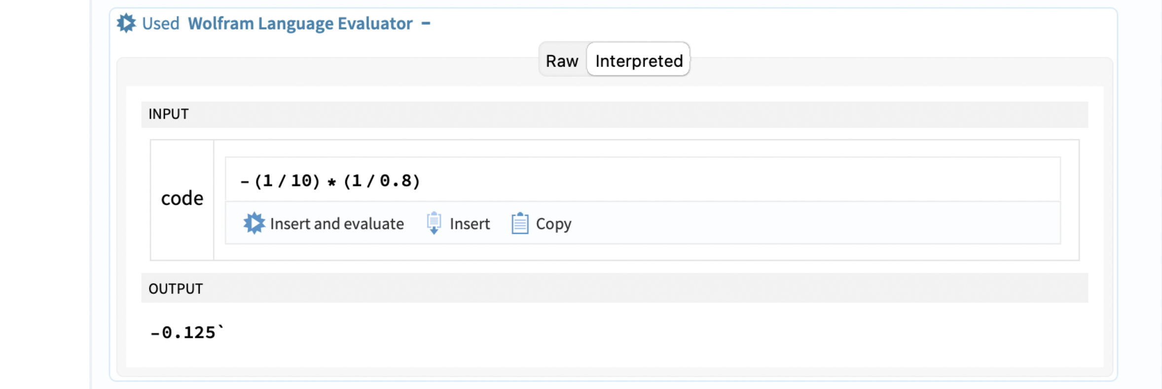 Code Writer ‘persona’ evaluator: input -(1/10)*(1/0.8), output -0.125