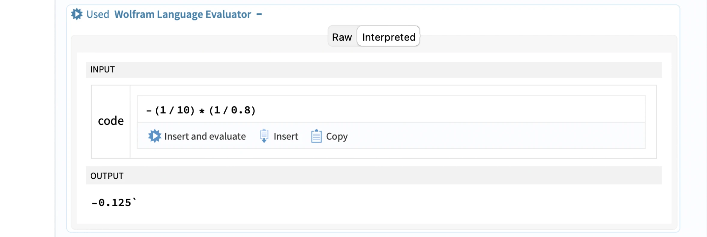 Code Writer ‘persona’ evaluator: input -(1/10)*(1/0.8), output -0.125