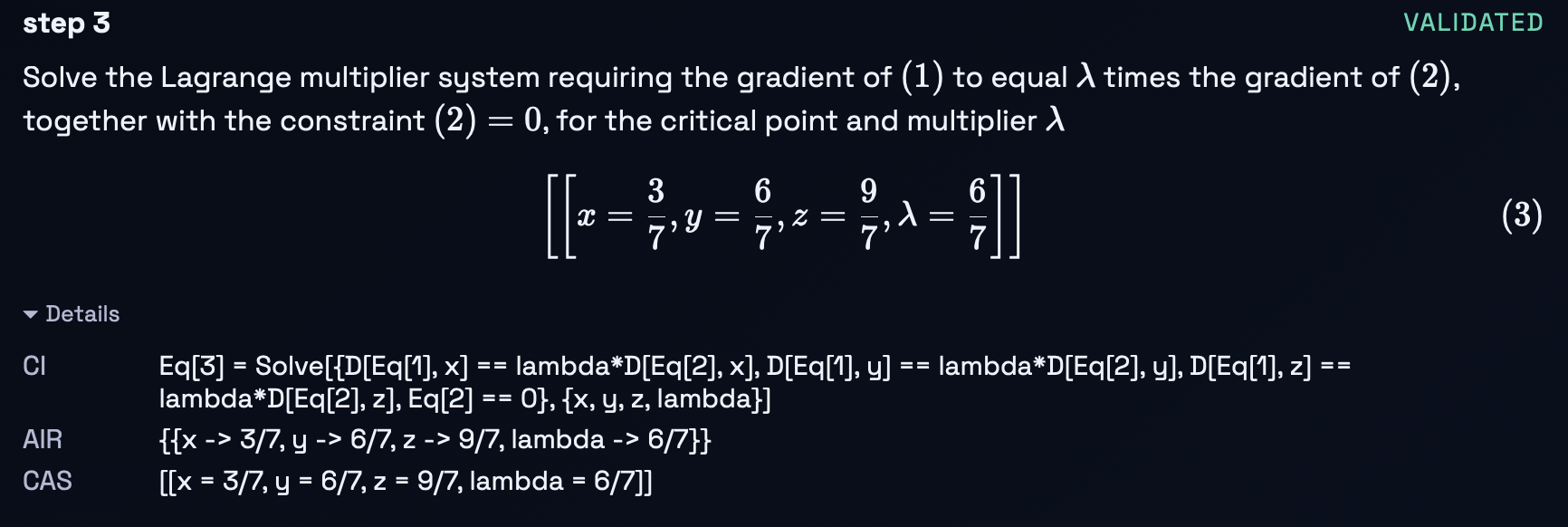 Expanded details for step 3 showing the computational instruction in Mathematica, the AI inferred result, and the Mathematica CAS result