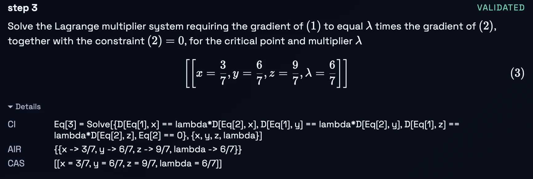 Expanded step in the ExaktAI App showing the AI-inferred result, the computational instruction, and the CAS result that validates it