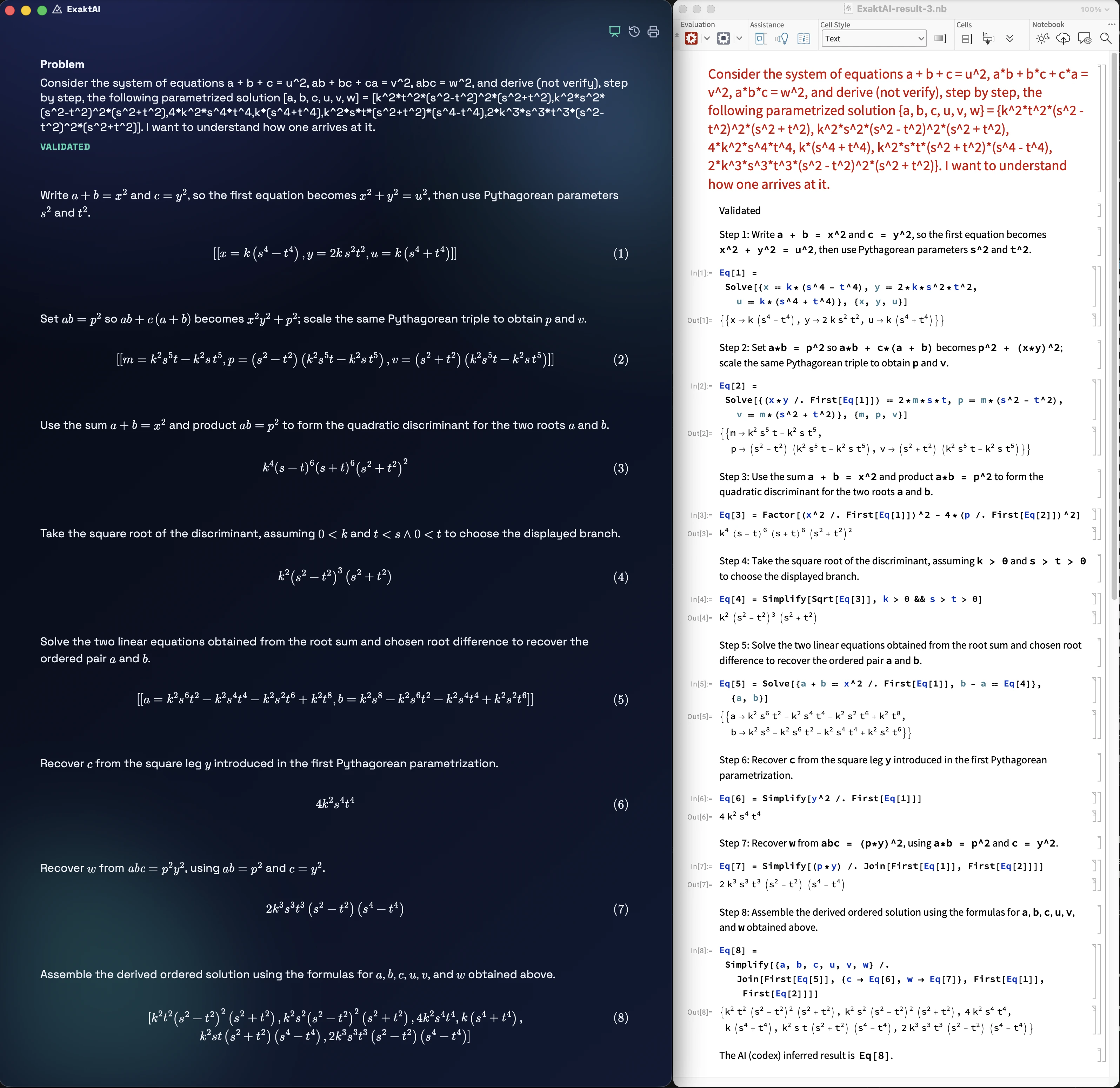 ExaktAI on the polynomial system, side by side: on the left, the validated derivation presented step by step in the ExaktAI app; on the right, the executable Mathematica notebook it runs, every step an executed instruction with an output, chained from the equations to the assembled solution