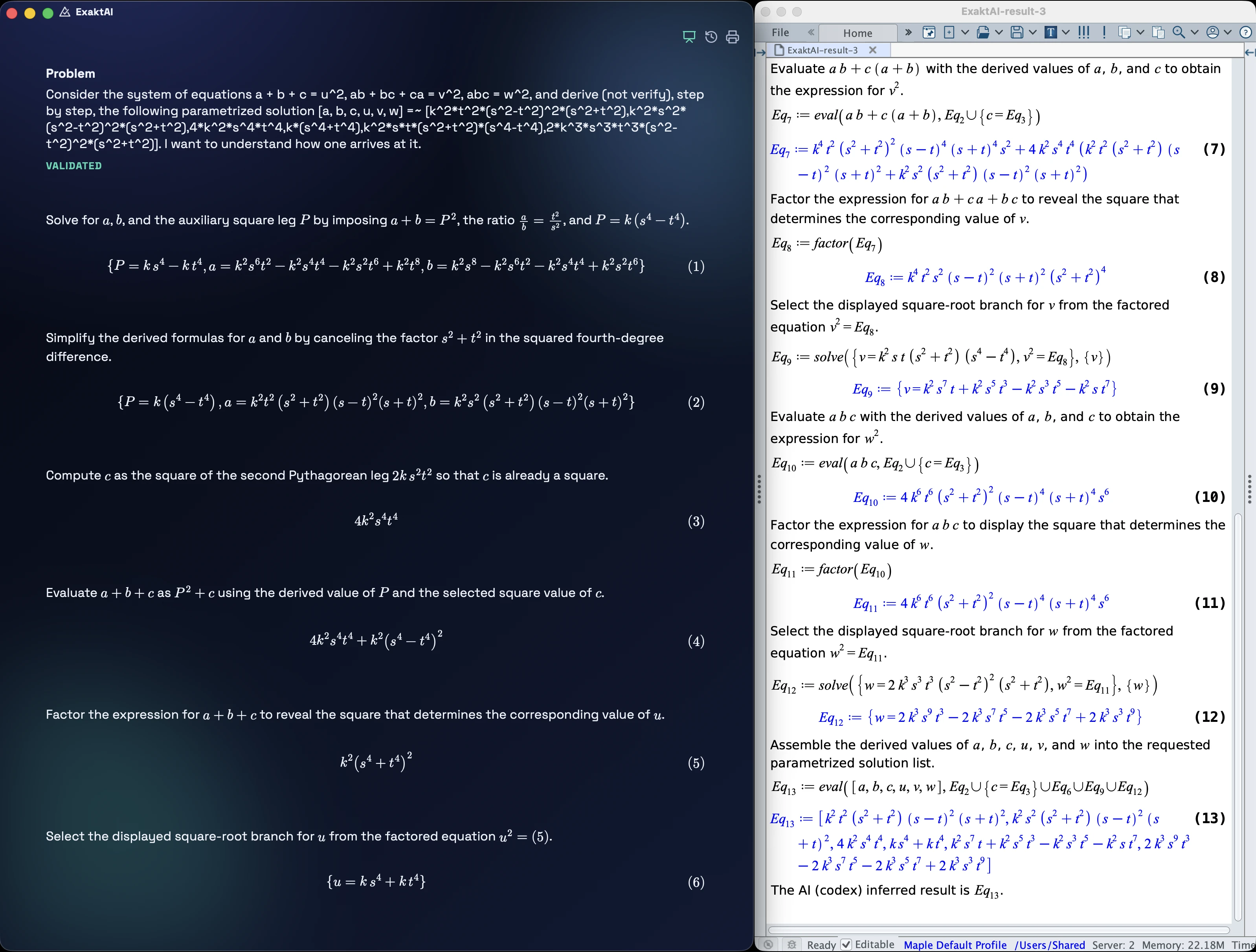ExaktAI on the polynomial system in Maple: the ExaktAI app in presentation mode on the left showing the problem and the first six validated steps, and the generated Maple document on the right showing steps seven to thirteen through the assembled solution