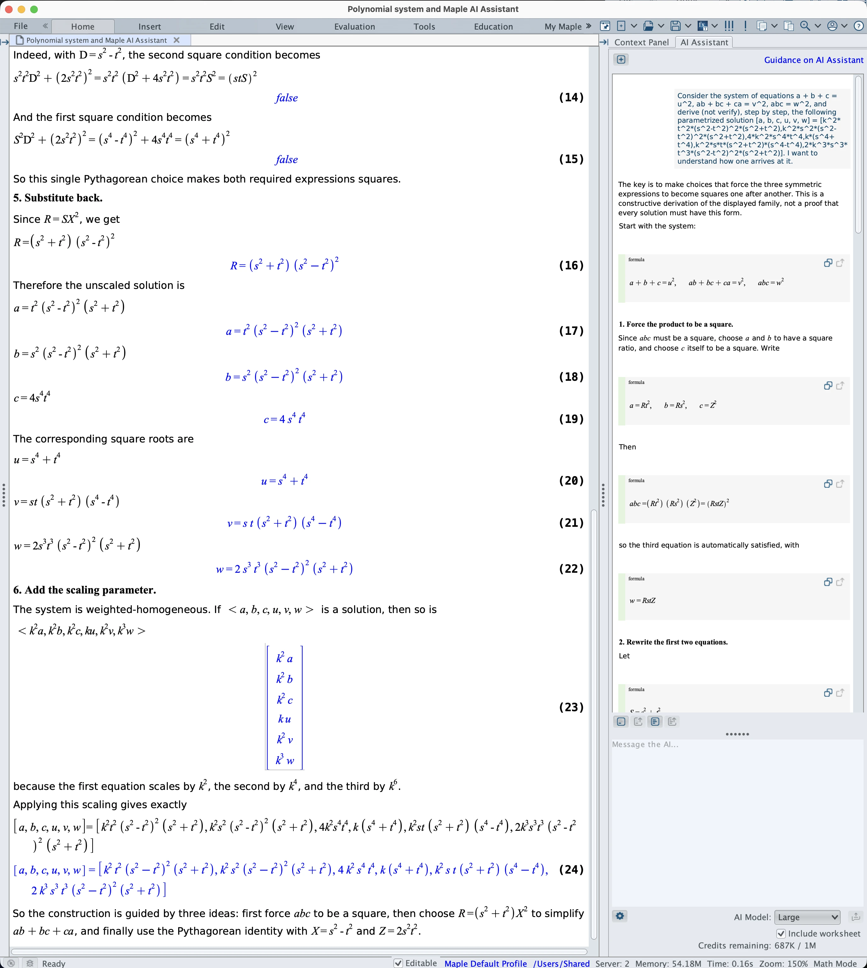 Maple AI Assistant on the same problem: the later steps of the inserted derivation in the worksheet, reaching the exact assembled solution at line 24, with several chained equalities (lines 14 and 15) evaluating to false