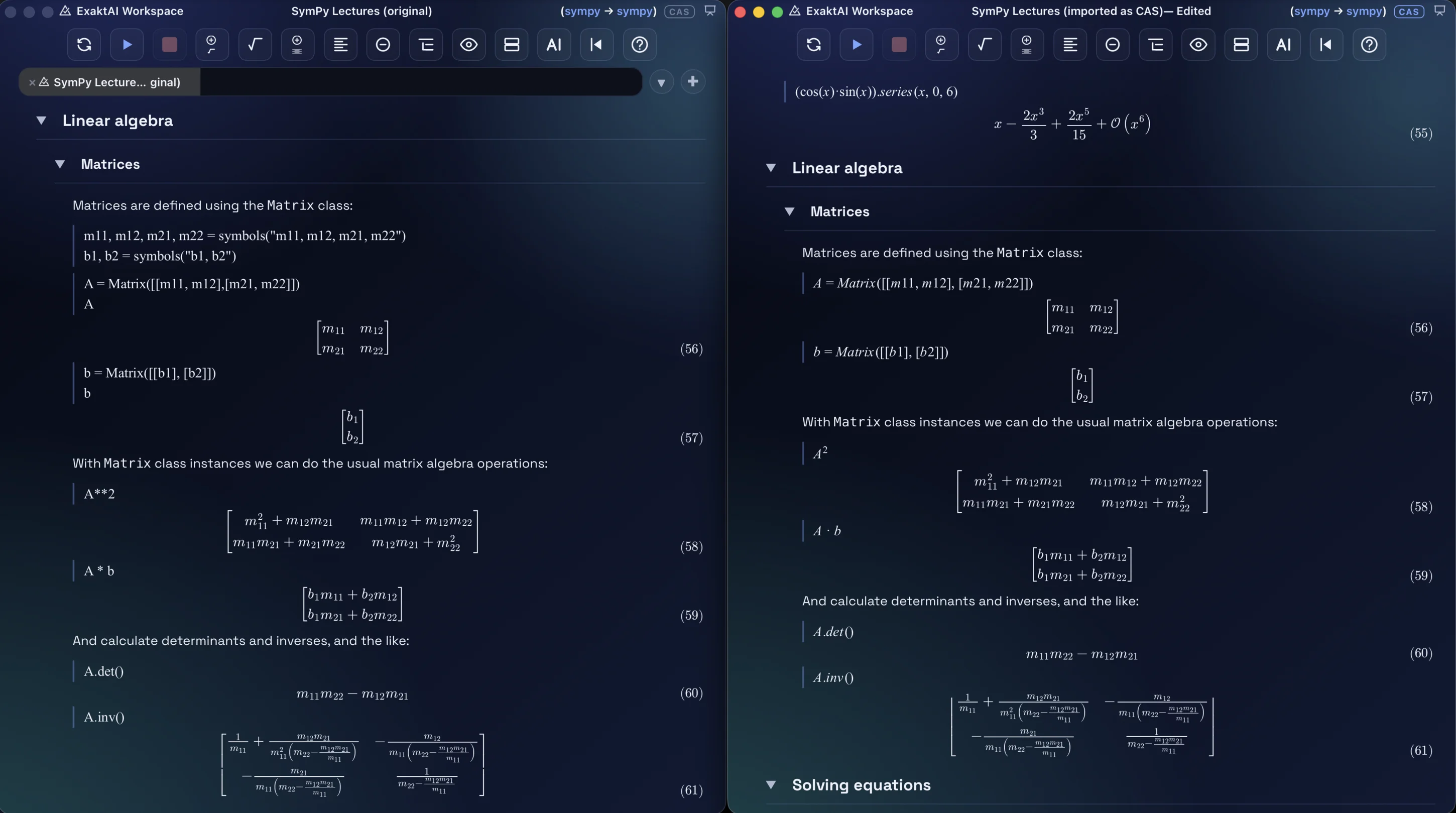 The same Jupyter notebook for SymPy open twice in the ExaktAI Workspace: on the left as written, with symbols declared by hand and A**2 in Python notation; on the right imported as a CAS document, where the declarations are gone, the matrices are typeset, and A squared and A times b are written as mathematics
