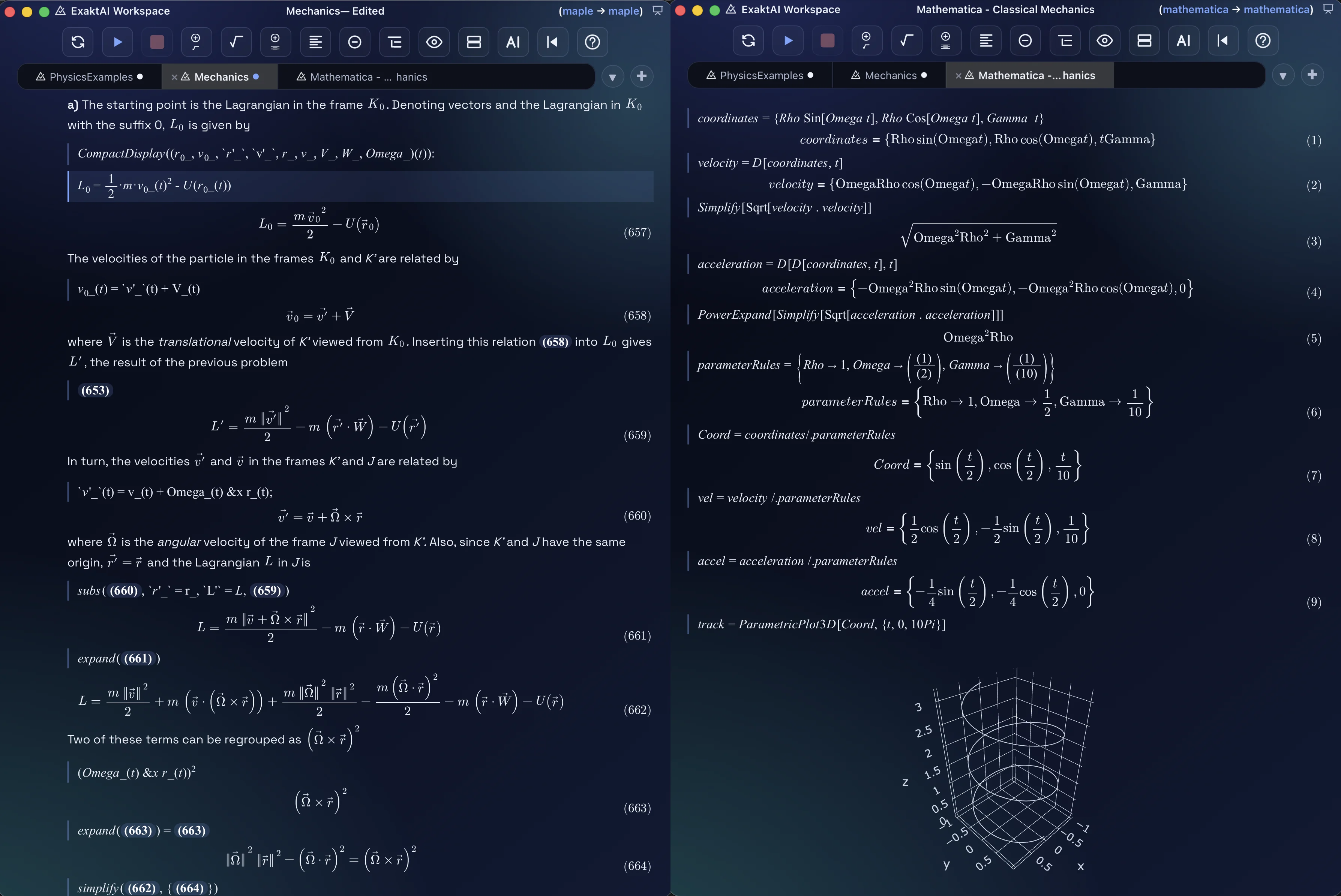 Two ExaktAI Workspace documents side by side: on the left a Maple worksheet on Lagrangians in rotating frames, chip reading maple to maple, with vector results carrying equation labels that later lines reference; on the right a Mathematica notebook on classical mechanics, chip reading mathematica to mathematica, ending in a three-dimensional trajectory plotted by the Wolfram engine